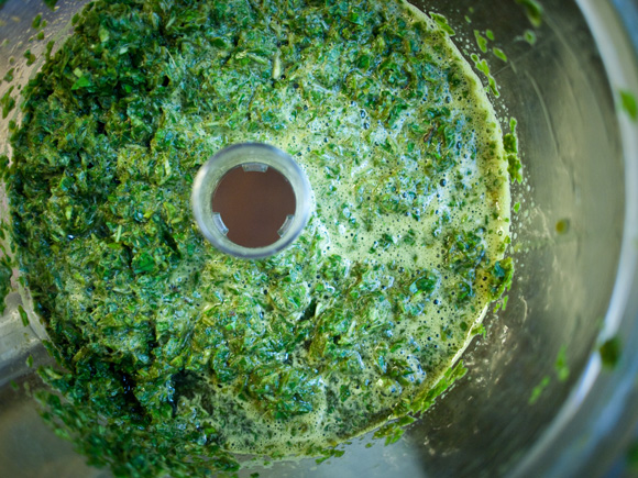Basil puree in food processor