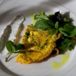 Basil Thyme Frittata with Sautéed Asparagus and Goat Cheese Served with Minted Créme Fraiche
